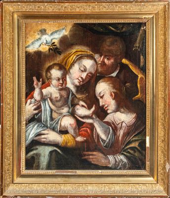 Holy Family with Saint Anne and the Holy Spirit, Spanish School, 17th Century. Oil on canvas. A 