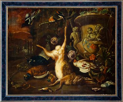 Still life of game and birds with sculptural fountain, Dutch School, late 17th - early 18th century.