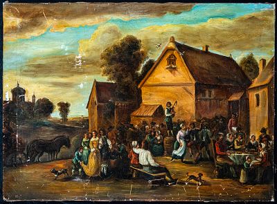 Popular village scene, Flemish school, 17th century. Oil on canvas. Dimensions 100 x 70 cm. A 
