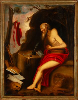 Oil on canvas Saint Jerome, 18th century. New Spain colonial school. Measurements: 82 x 62 cm 