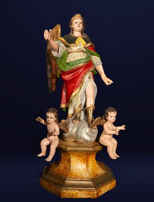 Saint Raphael the Archangel in polychrome terracotta, Colonial School, Quito, 18th Century. Polyc 