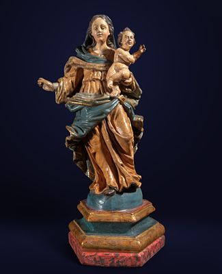 17th Century Spanish School - Virgin and Child. Carved, polychrome, gilded, and embossed wood. 