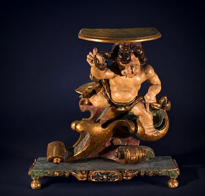 Baroque polychrome wooden console with putto figure, European School, 18th Century. Carved 