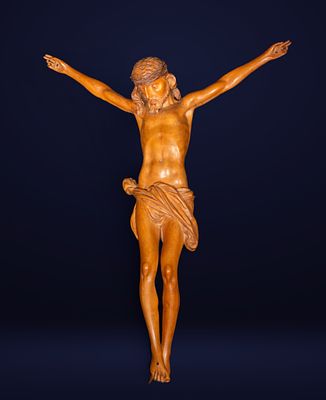 Christ crucified, Spanish school, 18th century. Sculpture in carved fruitwood. Figure of Christ 