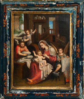 Nativity of the Virgin, Hispanic American Colonial School, 18th Century. Oil on panel. A 