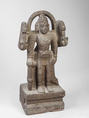 Virabhadra with mandorla, Vijayanagar school, 16th century. Carved gray sandstone. Measures 56 x 