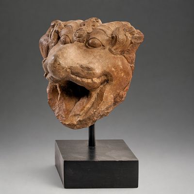 Rare Temple Gargoyle from the Tang Period, Thailand. Carved beige sandstone. Measures 20 x 25 