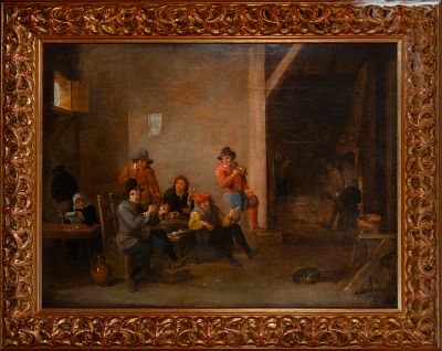 Flemish tavern scene. Signed DT fecit (David Teniers I or II?) - Flemish School. 18th century. Fl 