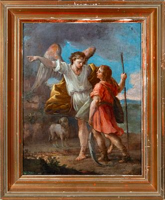 The Archangel Raphael guiding Tobias. Circle of Mariano Salvador Maella, 18th Century. Oil on 
