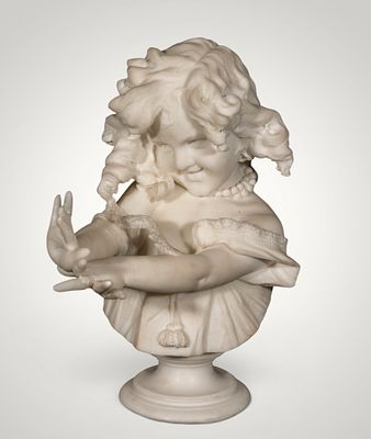 Marble bust of a young man with a bird. E. FIASCHI - European School. 19th century. Carved white 