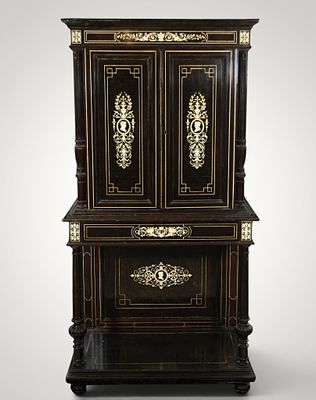 Napoleon III inter-bed cabinet - 19th century. Ebonized wood with marquetry and ornamental 