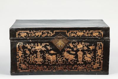 Embossed leather chest decorated with offering vessels, bats, qilin, and fretwork friezes. With 