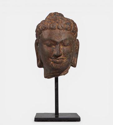 Buddha head with wide loops and ushnisha. Pink sandstone. Thailand. Kingdom of Dvaravati. 7th to 