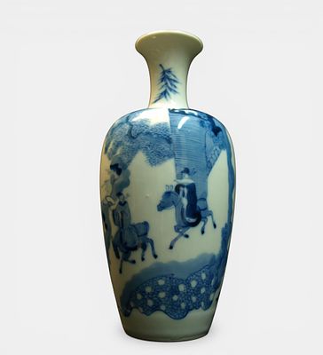 Baluster vase with oblong body, rounded shoulder and flared neck. Fine white porcelain decorated 