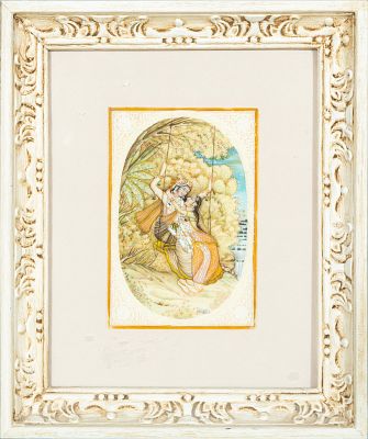 Romantic scene. Indian school. 20th century. Polychrome plaque. Measures 15 x 10 cm. Delicate 