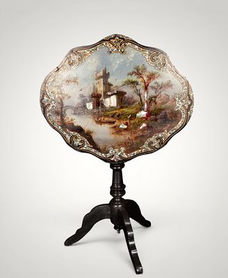 Victorian side table with landscape and mother-of-pearl marquetry. 19th century. Wooden table 
