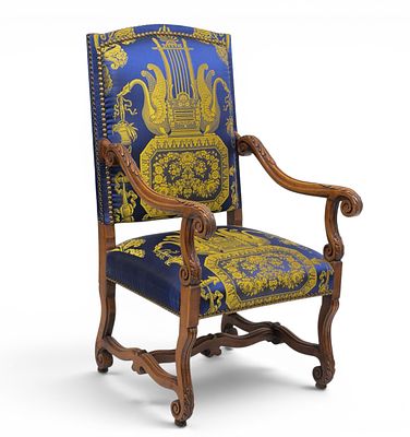 Magnificent Bureau Armchair Louis XIII in wood and silk - France. 19th Century. Carved walnut 