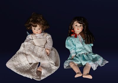 Pair of female figures on decorative dolls, European School, 20th Century. Composite and textile 