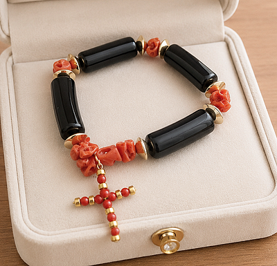 Bracelet with a hanging cross. Red coral, ebonite, and gilt-plated silver. Torre del Greco. 