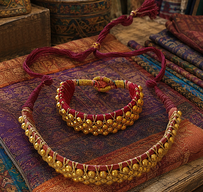 Ethnic set of choker and bracelet. Traditional Nepalese jewelry. Woven fabrics, gold-plated 