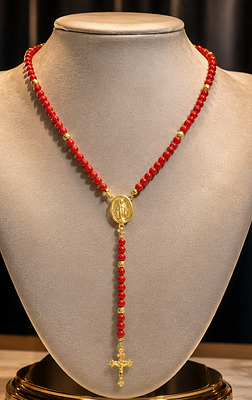 Natural red coral rosary necklace. 925 sterling silver with gold plating. Weight 15.5 grams. 