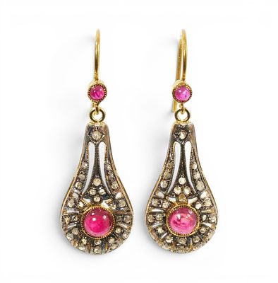 Pair of earrings in silver gilt with rubies and rose cut diamonds. Partially gilded 925 sterling 