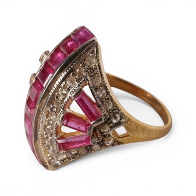 Gold-plated silver ring with rubies and rose-cut diamonds. Partially gilded 925 sterling silver 