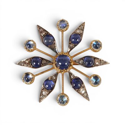 Star-shaped pendant in silver gilt with sapphires, rainbow moonstones and rose-cut diamonds. Part 