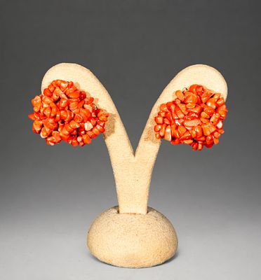 Large metal and coral earrings, omega clasp, 1980s. Large-format earrings composed of fragments 