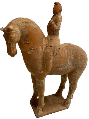 Antiguo caballo con jinete de terracota china , dinast&iacute;a Tang (618DC-907DC). 30x29x10 