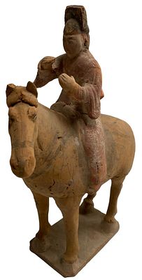 Antiguo caballo con jinete de terracota china , dinast&iacute;a Tang (618DC-907DC). 32x26x11 