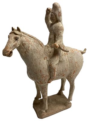 Antiguo caballo con jinete de terracota china , dinast&iacute;a Tang (618DC-907DC). 42x36x14 