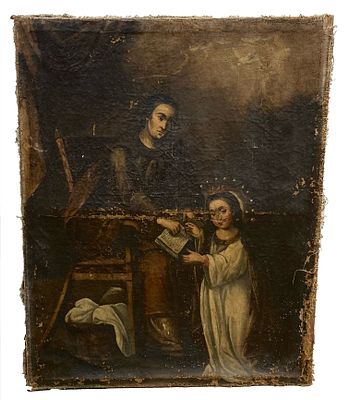 Antiguo &oacute;leo sobre lienzo Santa Ana ense&ntilde;ando a leer a la Virgen y el esp&iacute;ritu santo. XVII. 