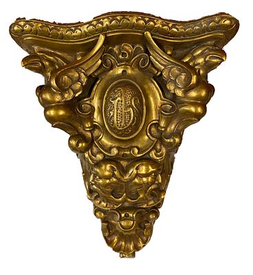 Antigua repisa, m&eacute;nsula, pedestal, columna de madera, oro fino. Barroca. XVIII, tallada. 45x40x28.