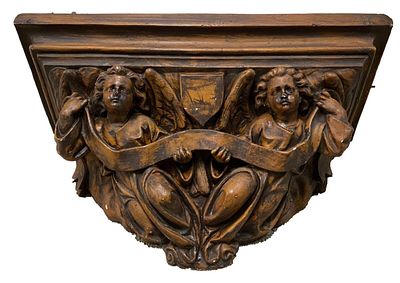 Antigua peana, repisa, m&eacute;nsula, columna con dos &aacute;ngeles de la guarda. 78x41x36 
Importante 