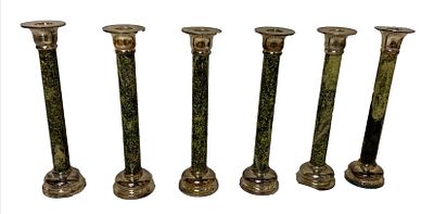 Antiguo lote, juego de 6 candelabros de m&aacute;rmol verde y ba&ntilde;o de plata. 28 cm alto. XIX. Napole&oacute;n III.