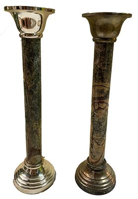 Antigua pareja de candelabros de m&aacute;rmol y hierro con ba&ntilde;o de plata. Napole&oacute;n III, imperio. 28 