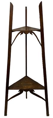 Antigua estantería, repisa, mueble auxiliar, rinconera modernista de madera. 172x74x33. Antiguo