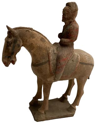 Antiguo caballo con jinete de terracota china , dinast&iacute;a Tang (618DC-907DC). 34x27x11 