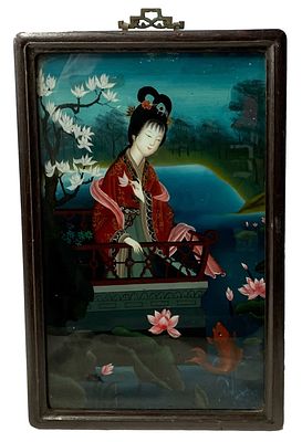 Antiguo &oacute;leo bajo o sobre cristal chino del siglo XVIII enmarcado. 55x34. Antiguo &oacute;leo sobre 