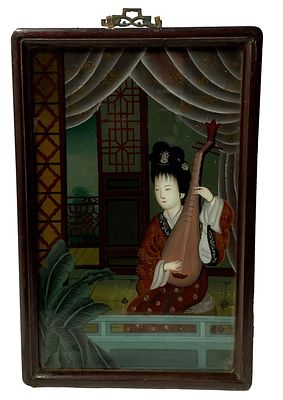 Antiguo &oacute;leo bajo o sobre cristal chino del siglo XVIII enmarcado. 55x34 
Antiguo &oacute;leo sobre 