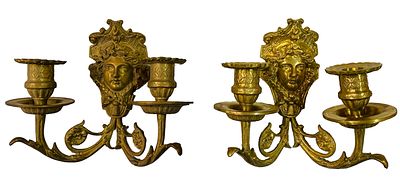Antigua pareja de apliques, faroles de bronce, Napole&oacute;n III, Imperio. Cara de medusa. 20x16x13cm.Ver