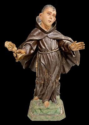 Soberbio San Pascual Bail&oacute;n de madera tallada y policromada. Siglo XVII. 53 cm. 
Soberbio San 