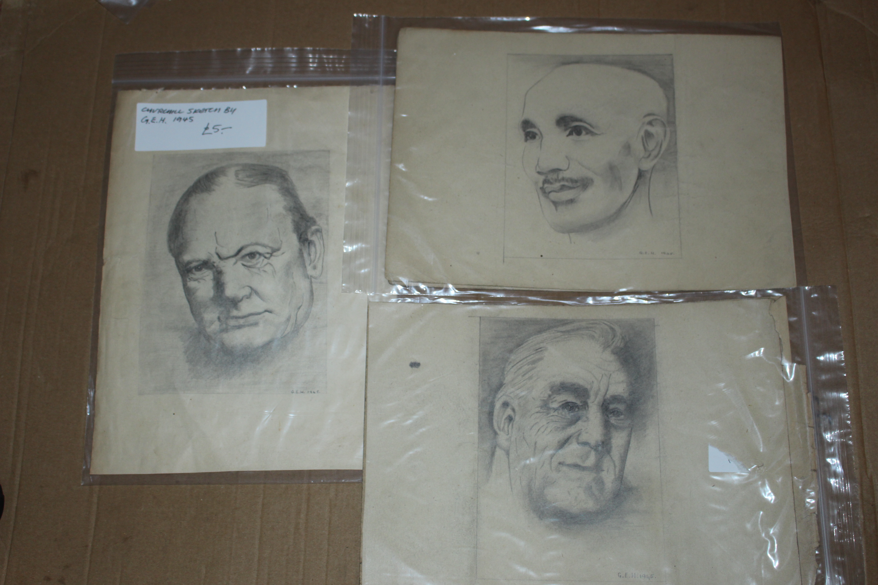 3 sketches Churchill Ghandi and Roosavelt