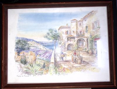 Акварель. Вид Прованса. Рама. стекло. Конец 20 века. Авторская подпись в правом нижнем углу. 
