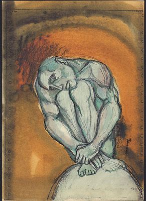 Александр Шафранский. Человек сидящий сам по себе. Гуашь с флюоресцентом и серебрянкой. 1998 г. 