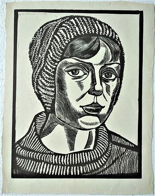 Женский портрет. Линогравюра. НХ. б\г. Размер 44 х 33 см. Состояние хорошее.