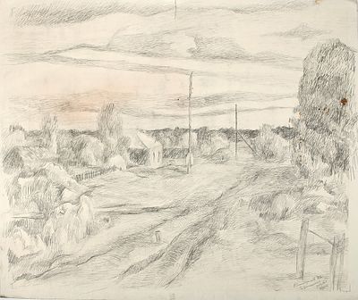 Дмитриев В. Заброшенная деревня. . 1988 г. Бумага, графитный карандаш, 48,5х57 см. В правом 