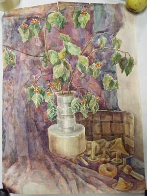 Натюрморт. Ягодки да яблочки, грибочки-лепесточки. Акварельная роспись. Имеются надрывы по 