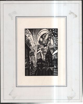 Мазерель Ф. Иллюстрация из графического романа "Город". Наклеена на картон. 27 х 34,5 см. 